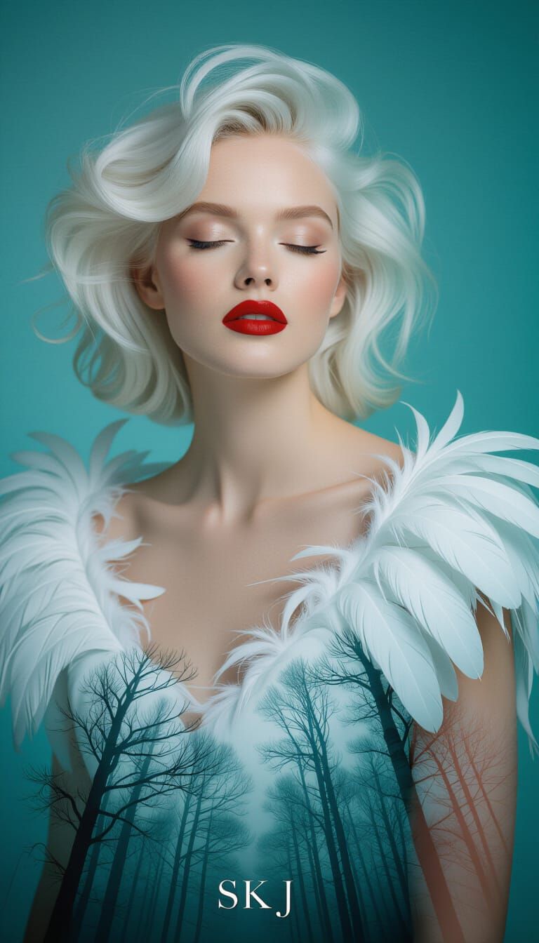 Ethereal Double Exposure: Woman and Birch Forest in Teal