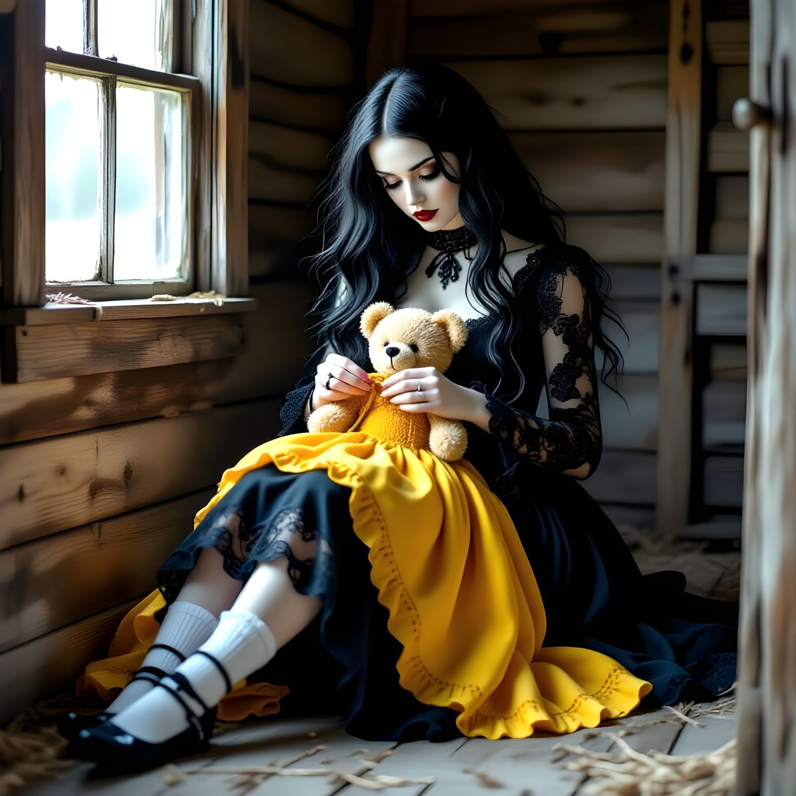 Goth Woman Knits Dress for Teddy Bear in Abandoned Shack