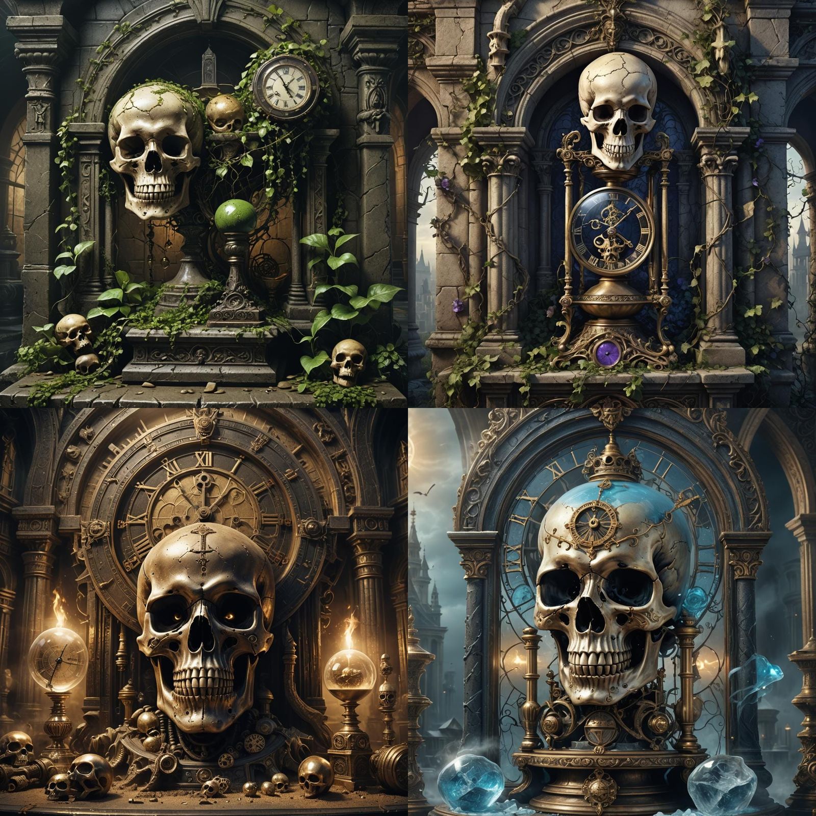 Gothic Memento Mori: Skull, Hourglass, and Clock