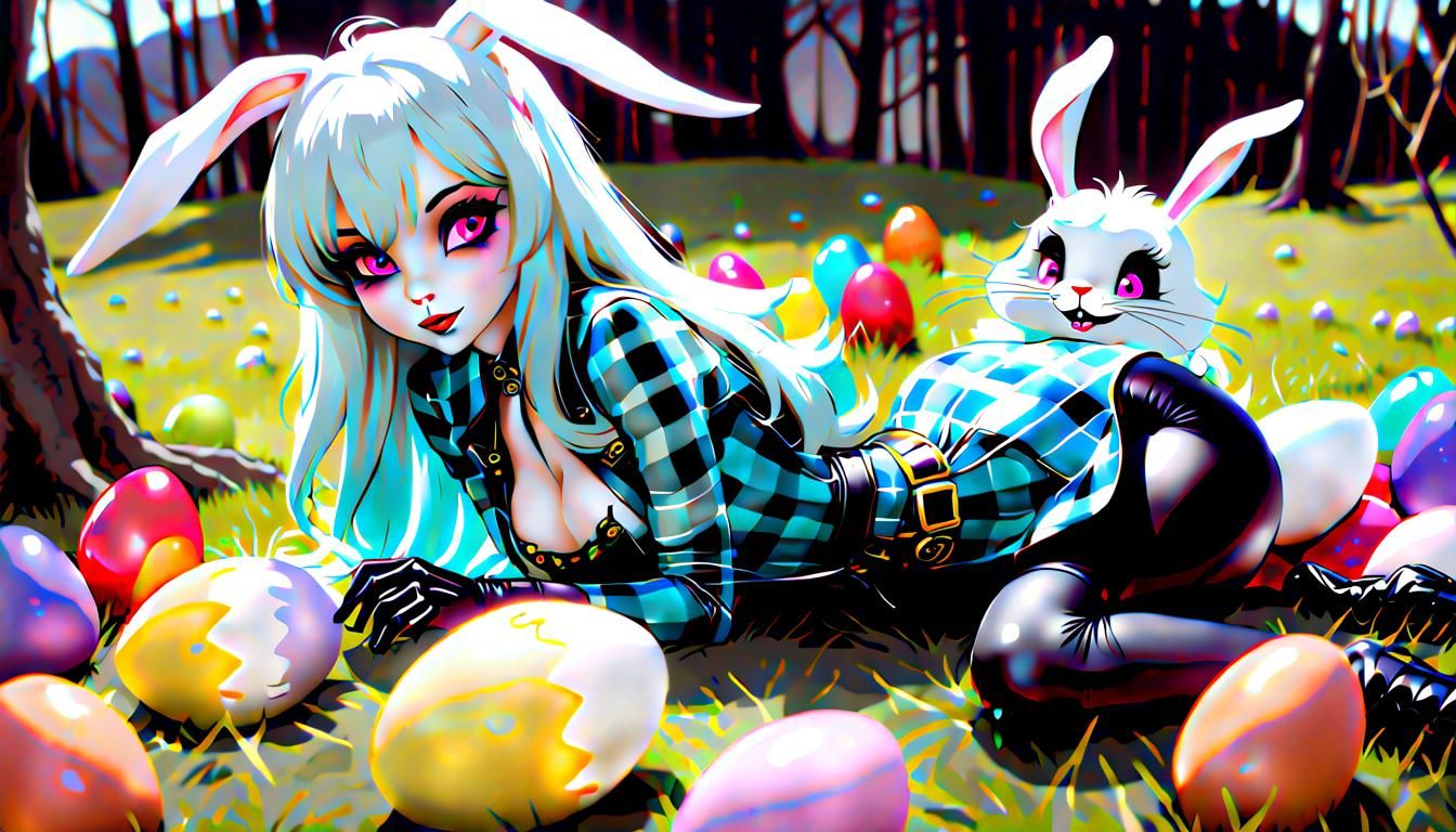 AN BEAUTIFUL EVIL SKELLINTON FEMALE BUNNY AND TWIN ONE HAPPY ONE SAD. LAYING EVIL EASTER EGGS IN STEEMY PILES, ONE IN LA...