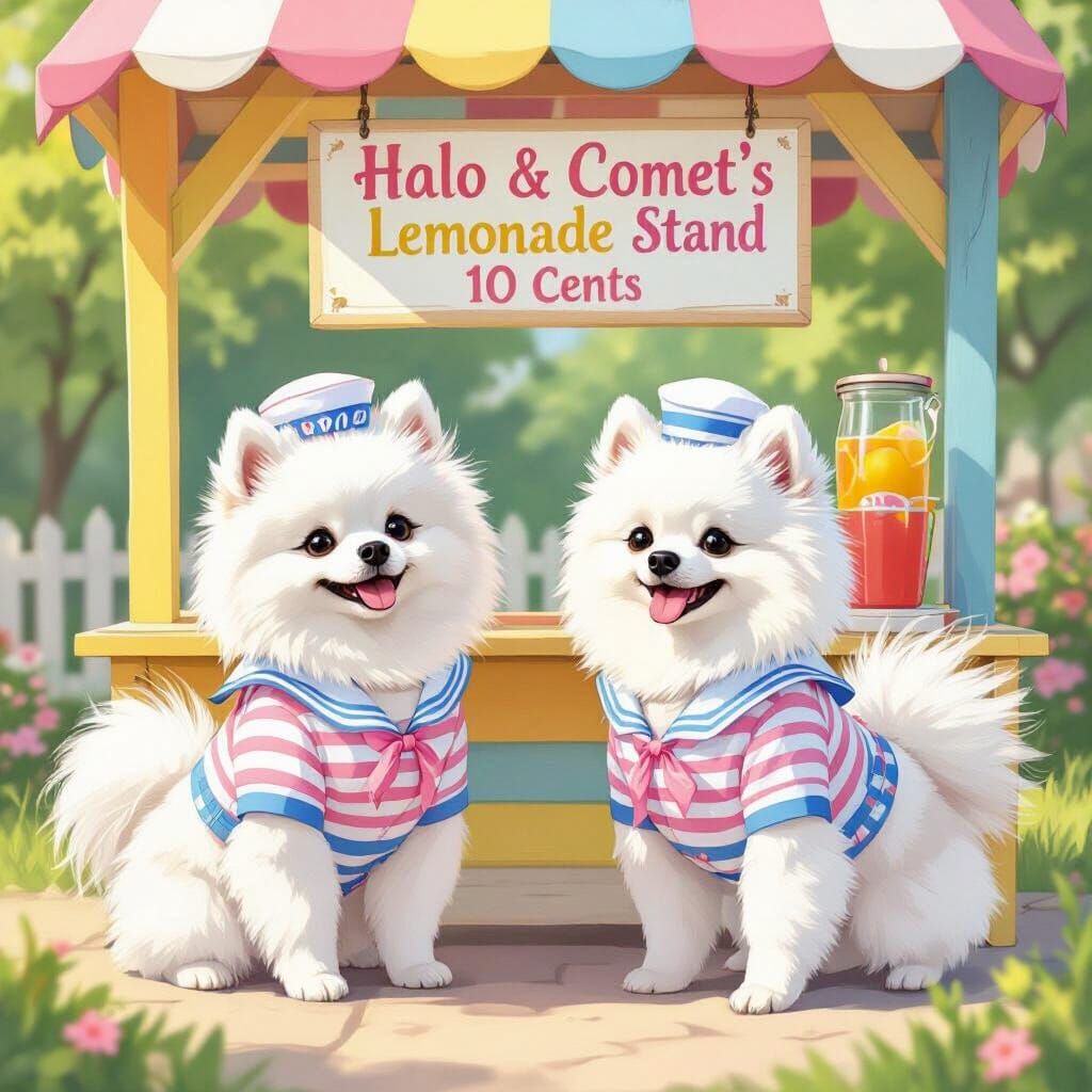 Two Adorable Pomeranians at a Rainbow Lemonade Stand