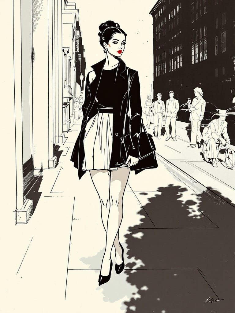 Elegant Woman with Crimson Lips on City Sidewalk