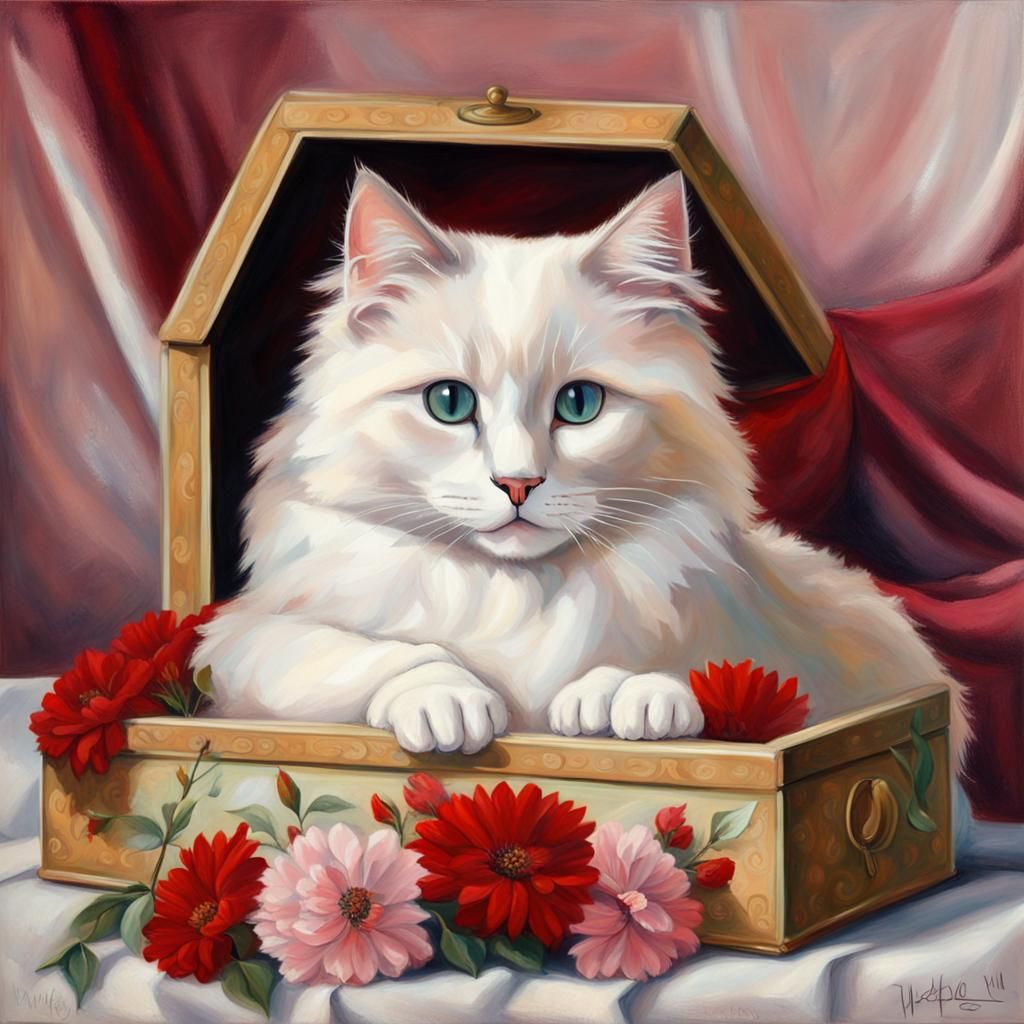 Ragdoll Cat and Kittens in Box: An Oil Painting