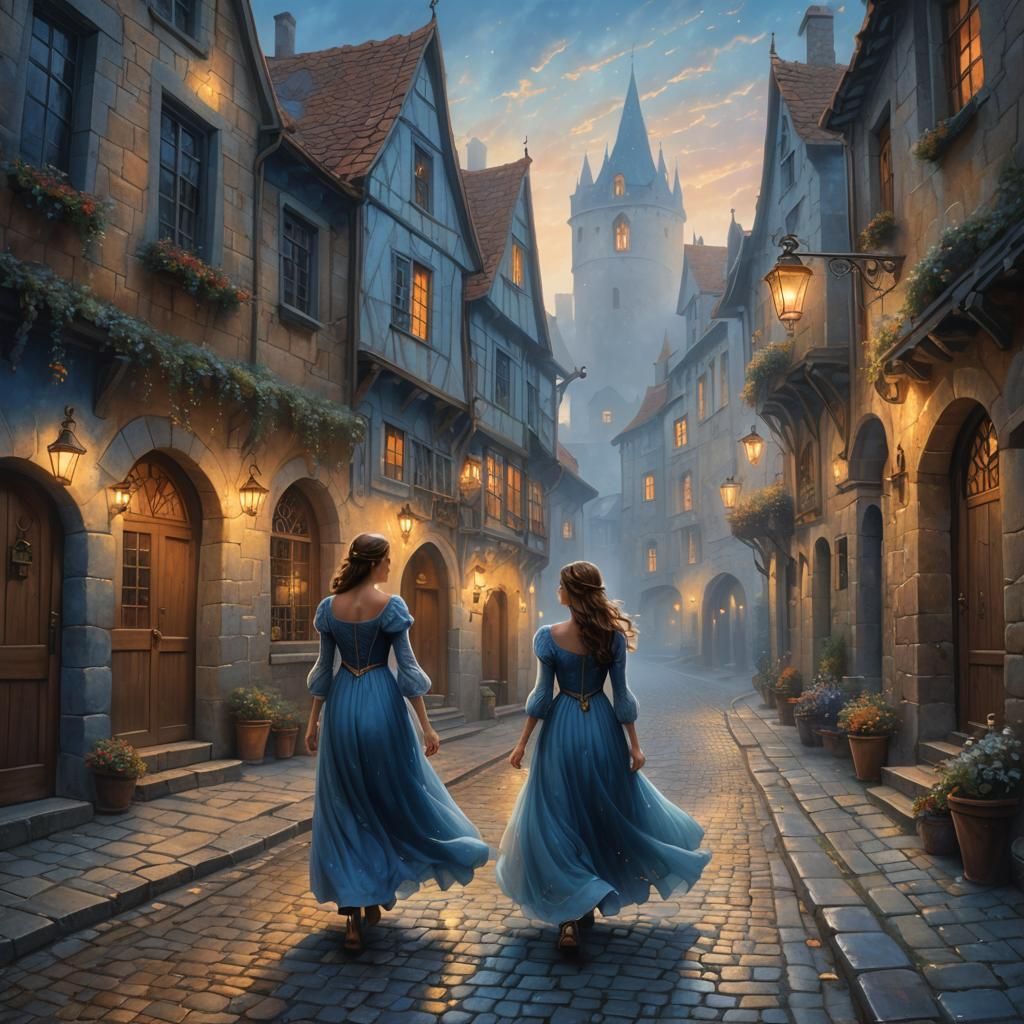 Ethereal Fantasy Woman in Medieval Alley at Night