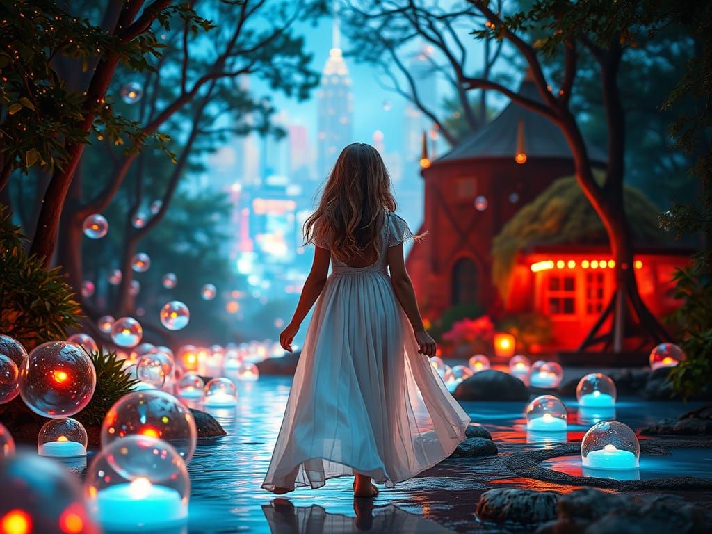 Magical Forest: Girl, Neon Bubbles, Creative Cities