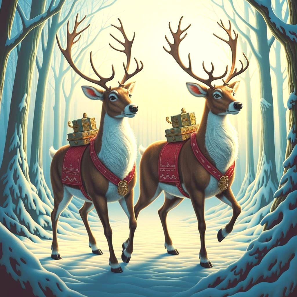 Santa's Reindeer Team in Frozen Forest as Colored Pencil Art