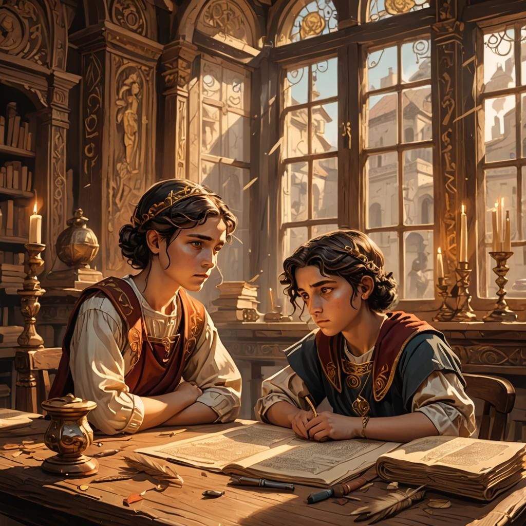 Young Roman Scholars in Warm, Golden Light