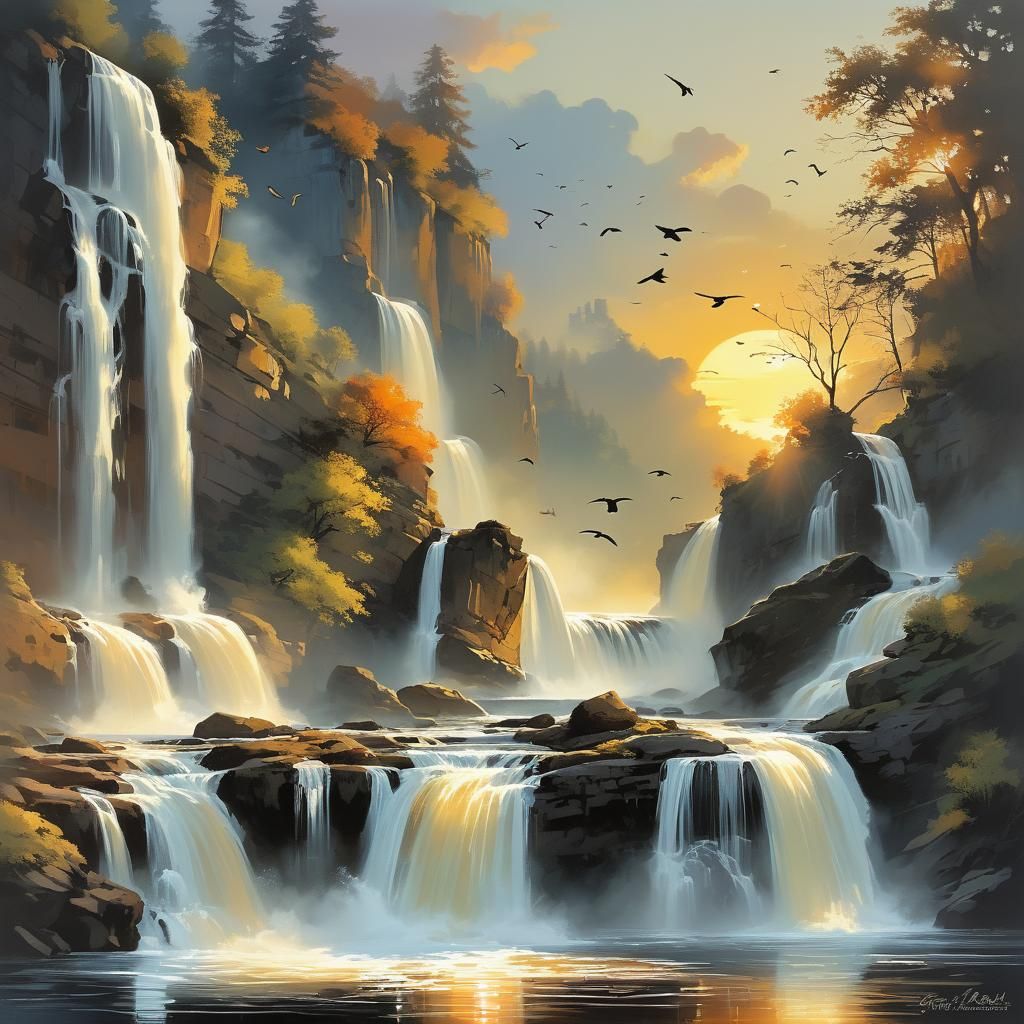 Sunset Over Majestic Waterfall with Birds