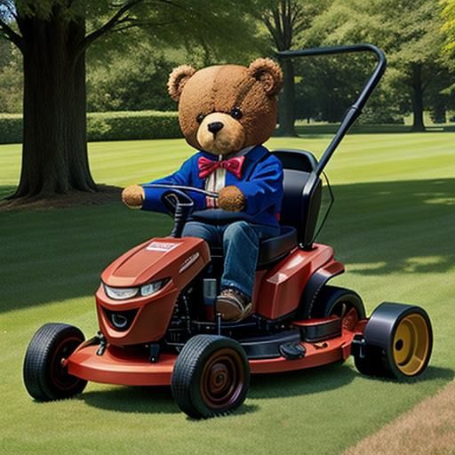 Teddy Bear Drives Lawnmower