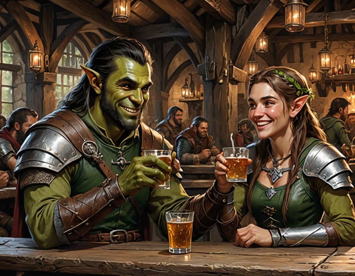 Wood Elf and Orc Enjoying Drinks in Tavern