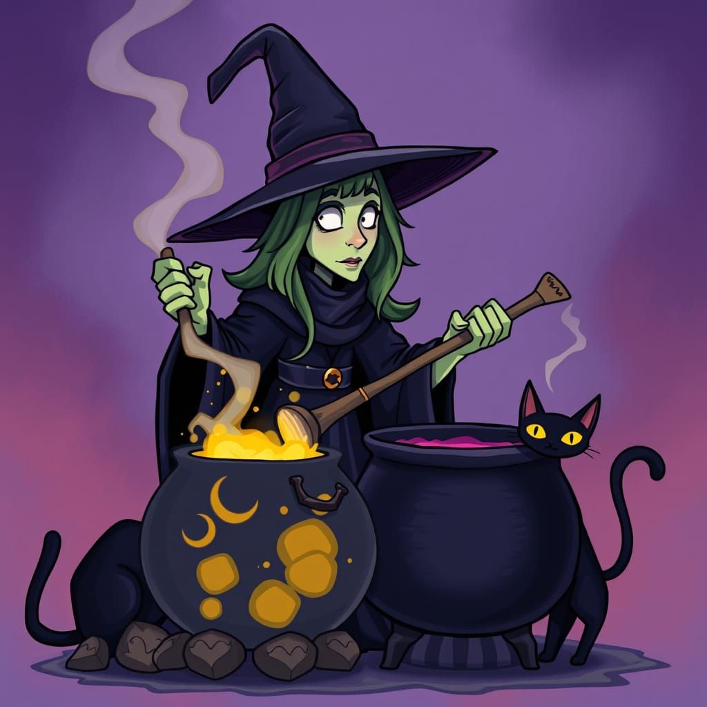Cartoon Witch Stirring Cauldron with Black Cat