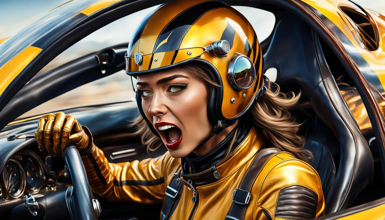 Girl in Burning Race Car: Hyperrealistic Concept Art