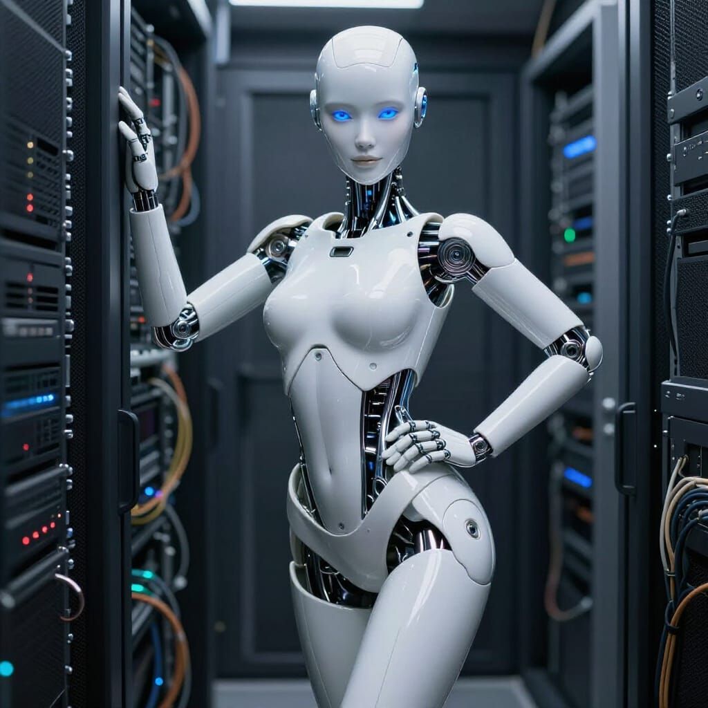 A hyper-realistic, cinematic of a next-generation "Physical AI" humanoid assistant in 2026. The android features a minim...