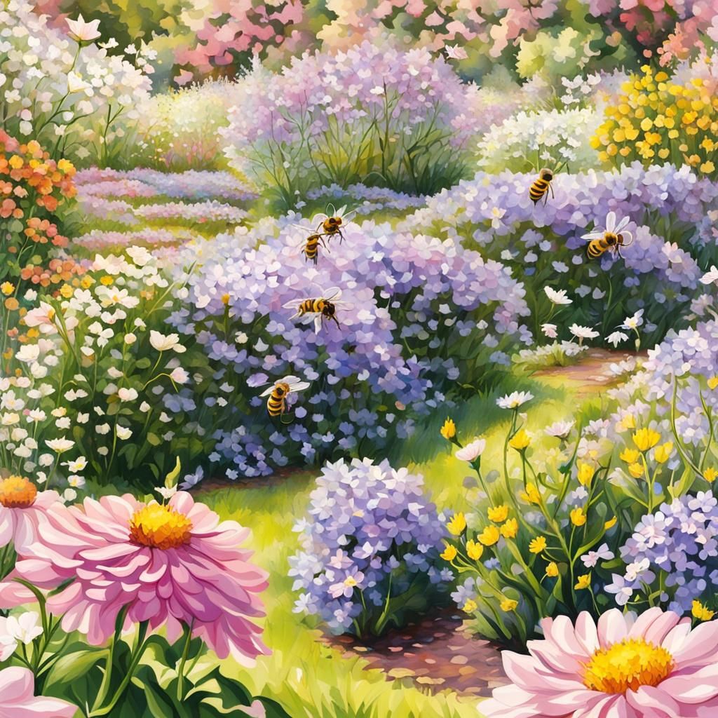 Vibrant Bees in Springtime Floral Oasis