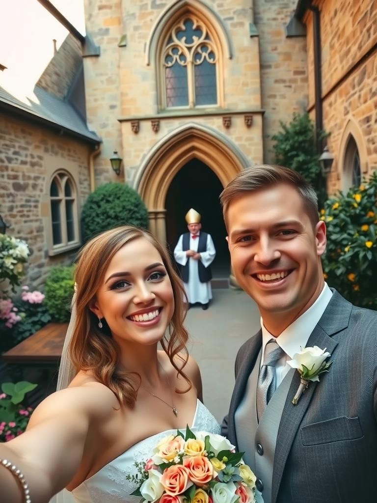 Newlyweds Selfie with Vicar Photobomb in Rockwell Style