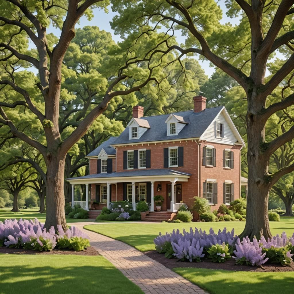 Red brick two story farmhouse, white trim with large oak tre...