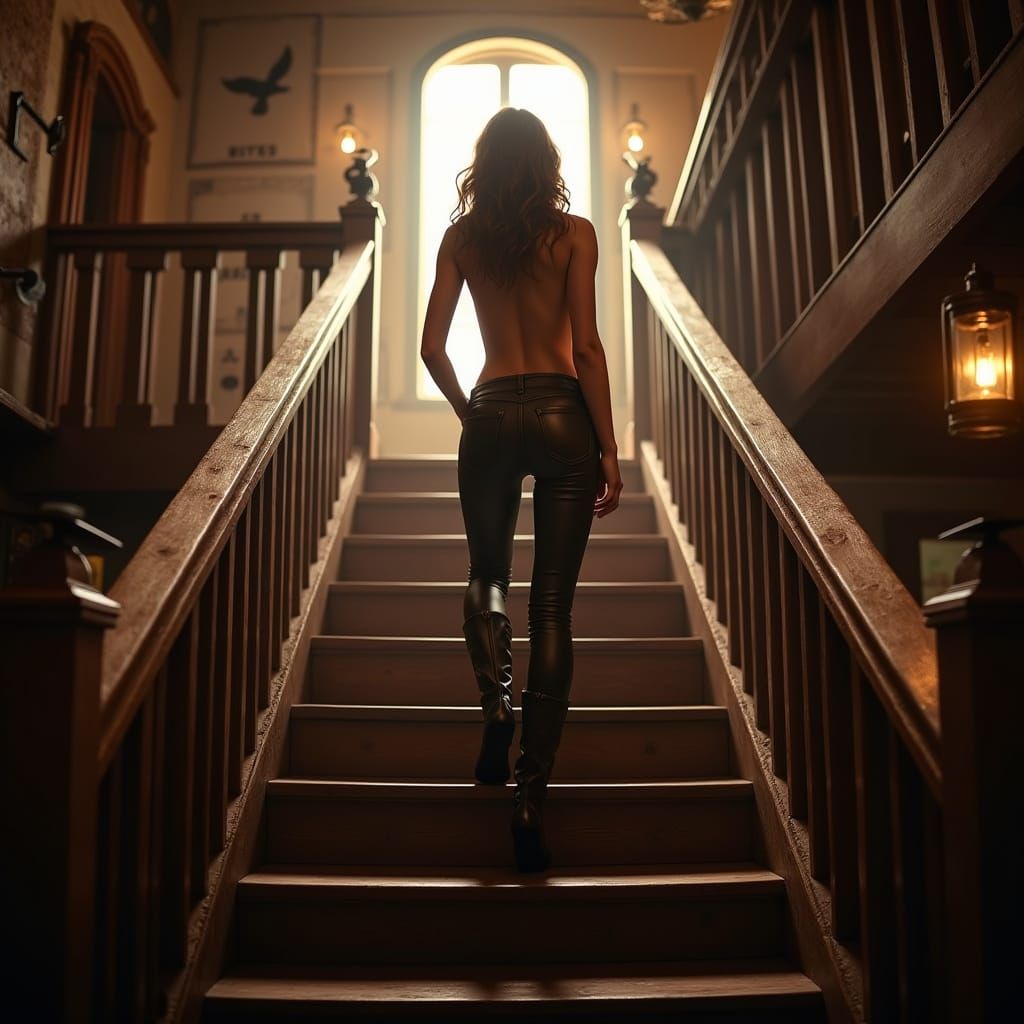 Beautiful Woman Ascends Saloon Staircase in Hyper-Realistic ...