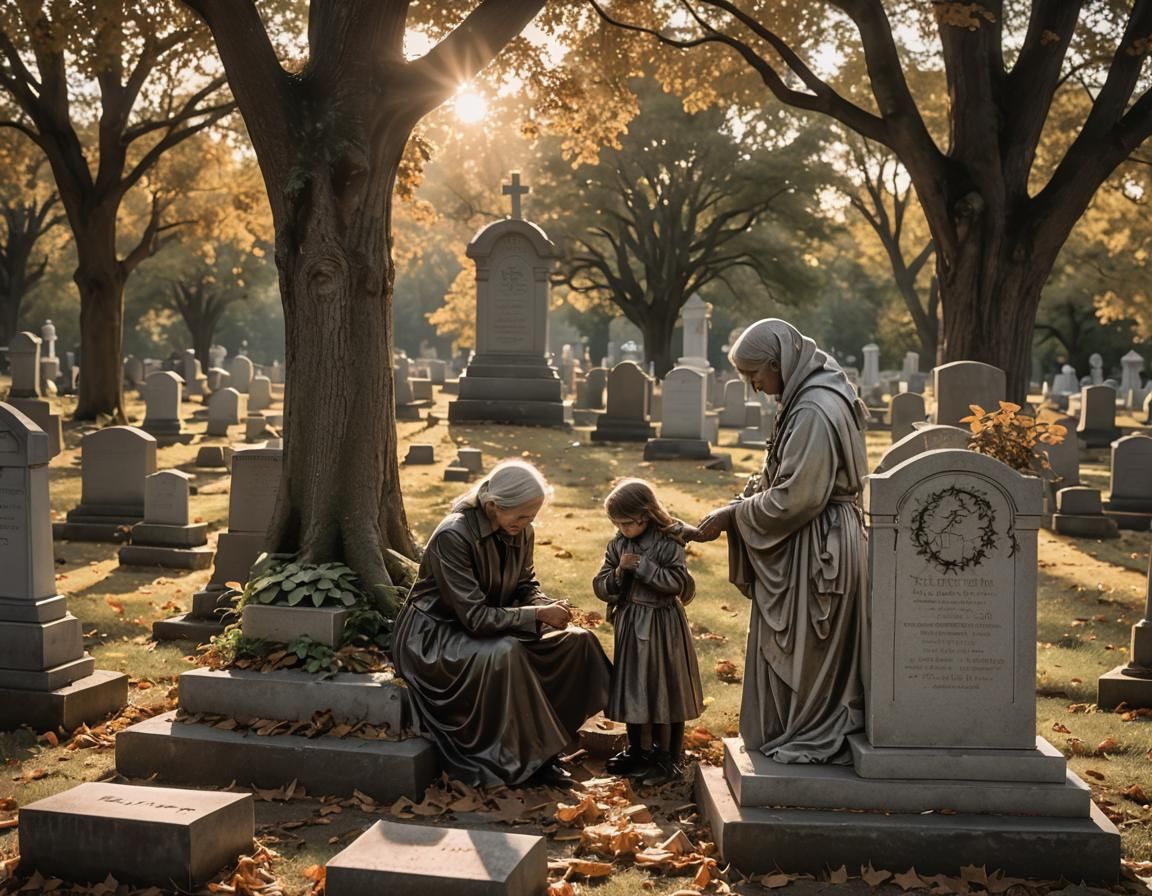 Graveyard Scene: Mother and Daughter's Loving Embrace