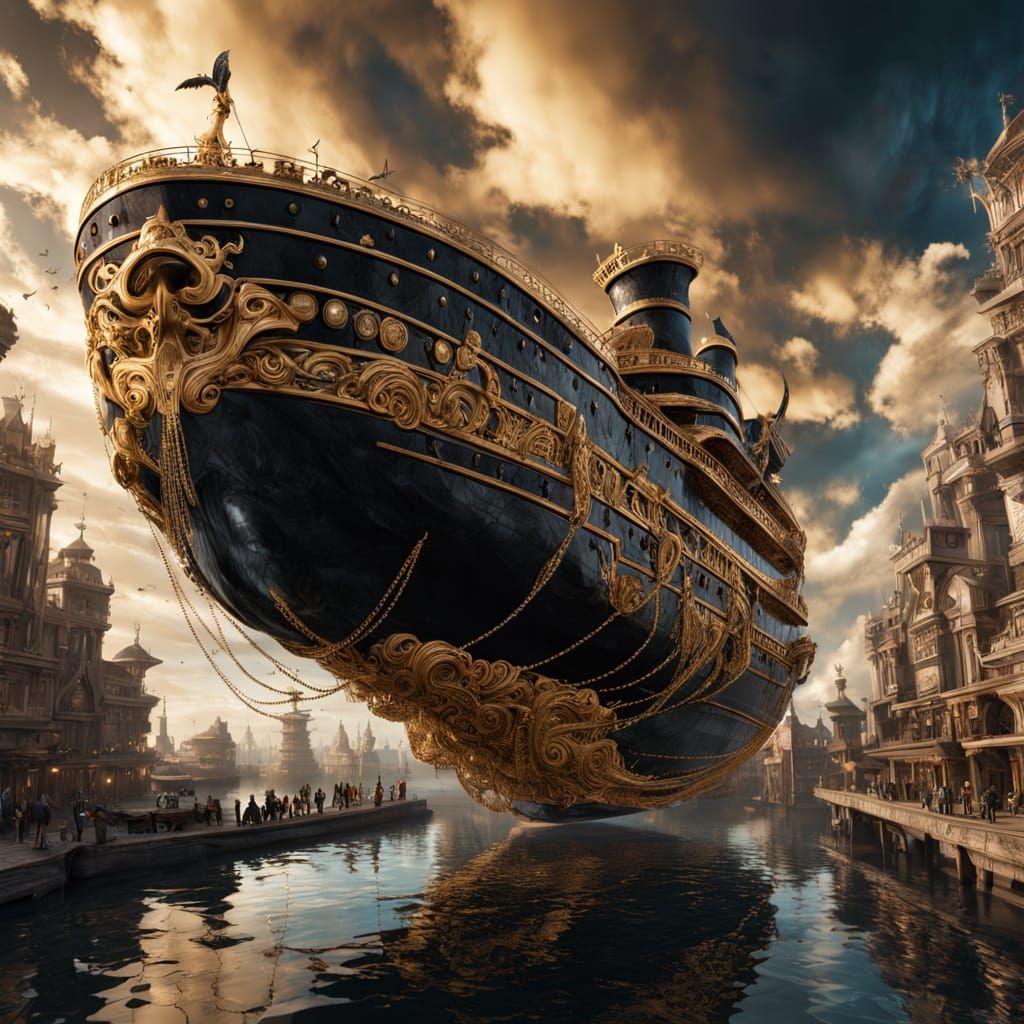 Majestic Black Marble and Gold City-Sized Ship in the Air