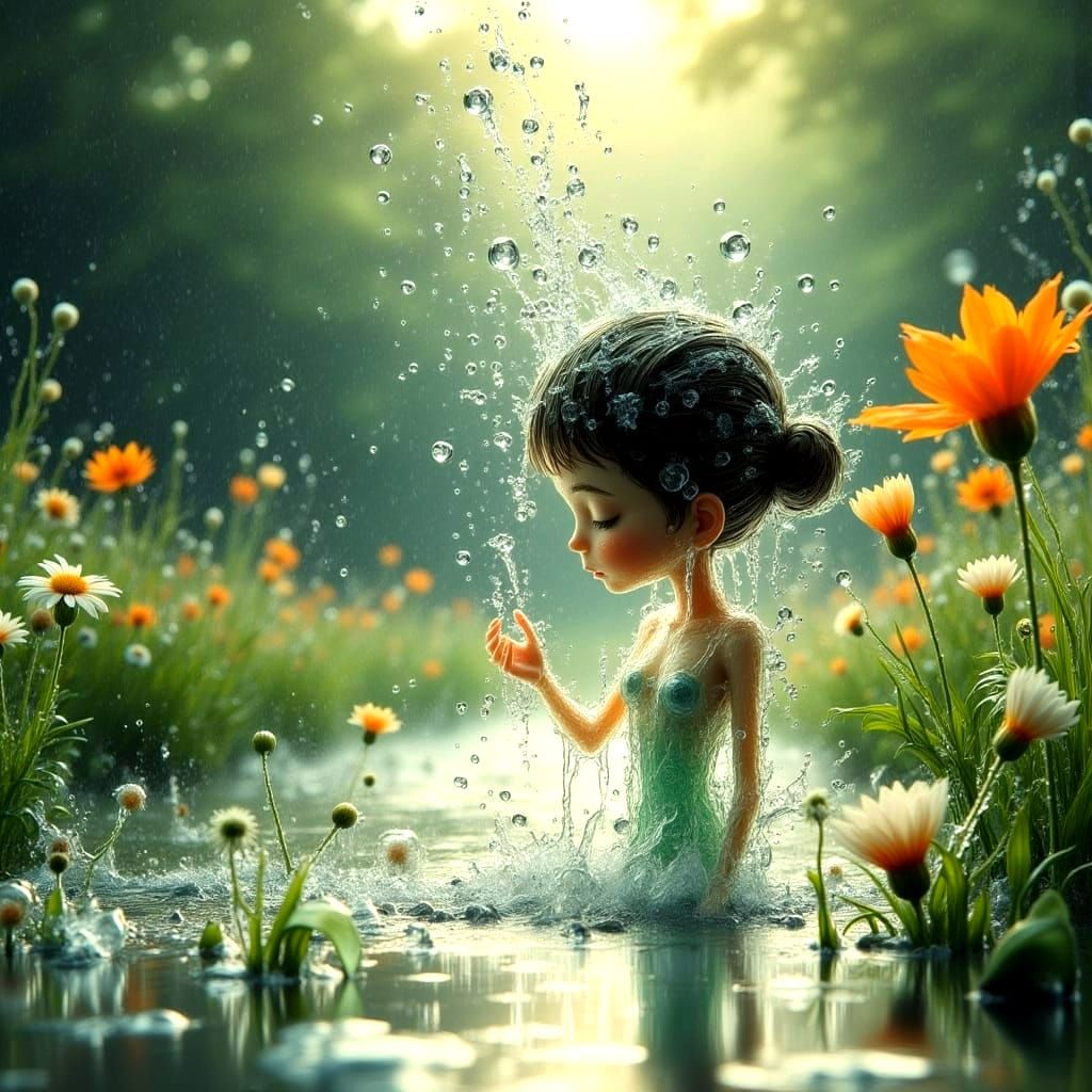 Lush Garden Lake Scene with Cartoonish Girl in Water Spray