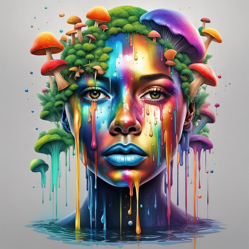 Surreal Metallic Face with Rainbows and Mushrooms