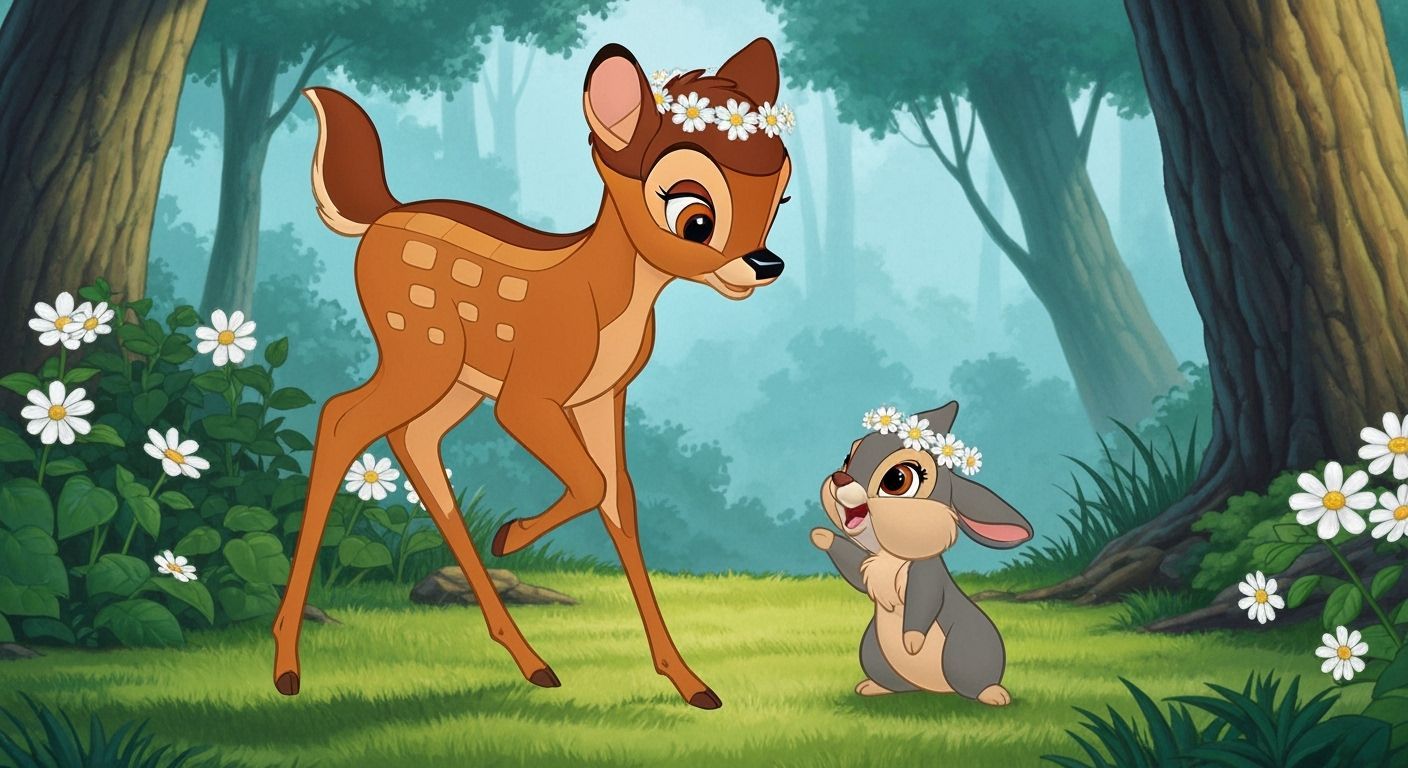 Bambi and Thumper Play in Forest with Daisies