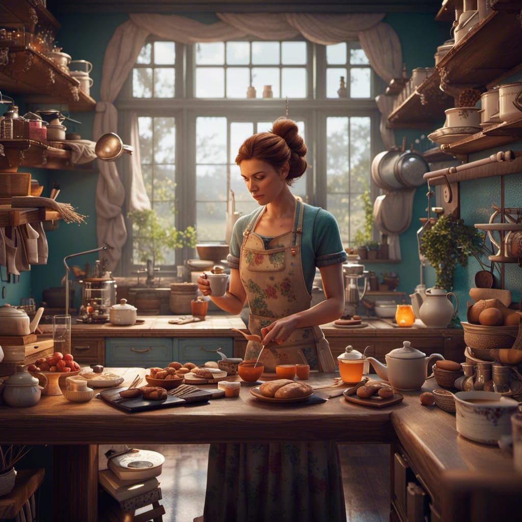 Woman Baking in Kitchen: Detailed Digital Art