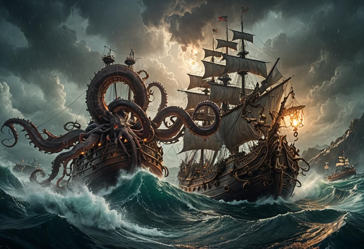 Kraken Attack on Sailing Ship: Dark Fantasy Art