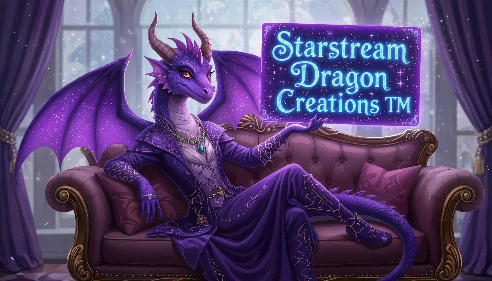 Purple Dragon Lounging on Sofa with Glowing Sign
