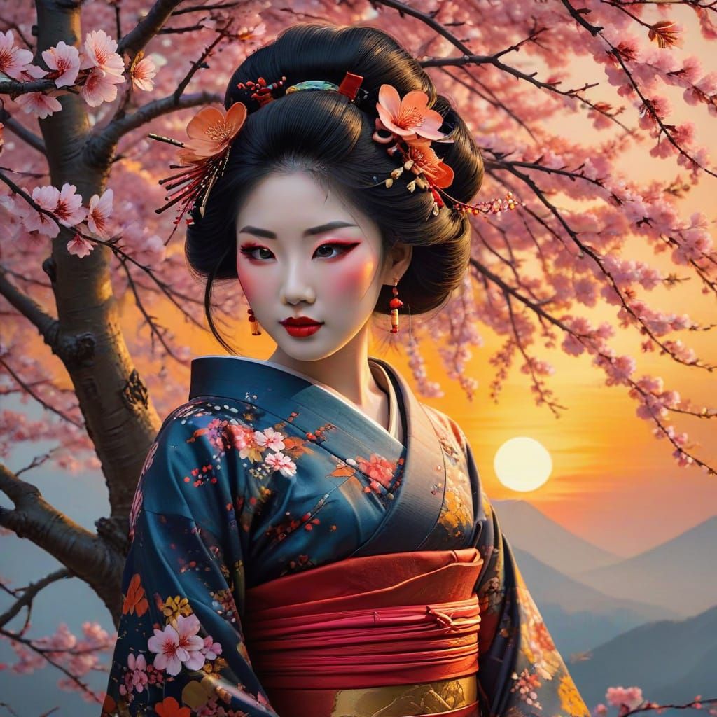 Modern Geisha Blossom Tree in Vibrant Sunset Colors