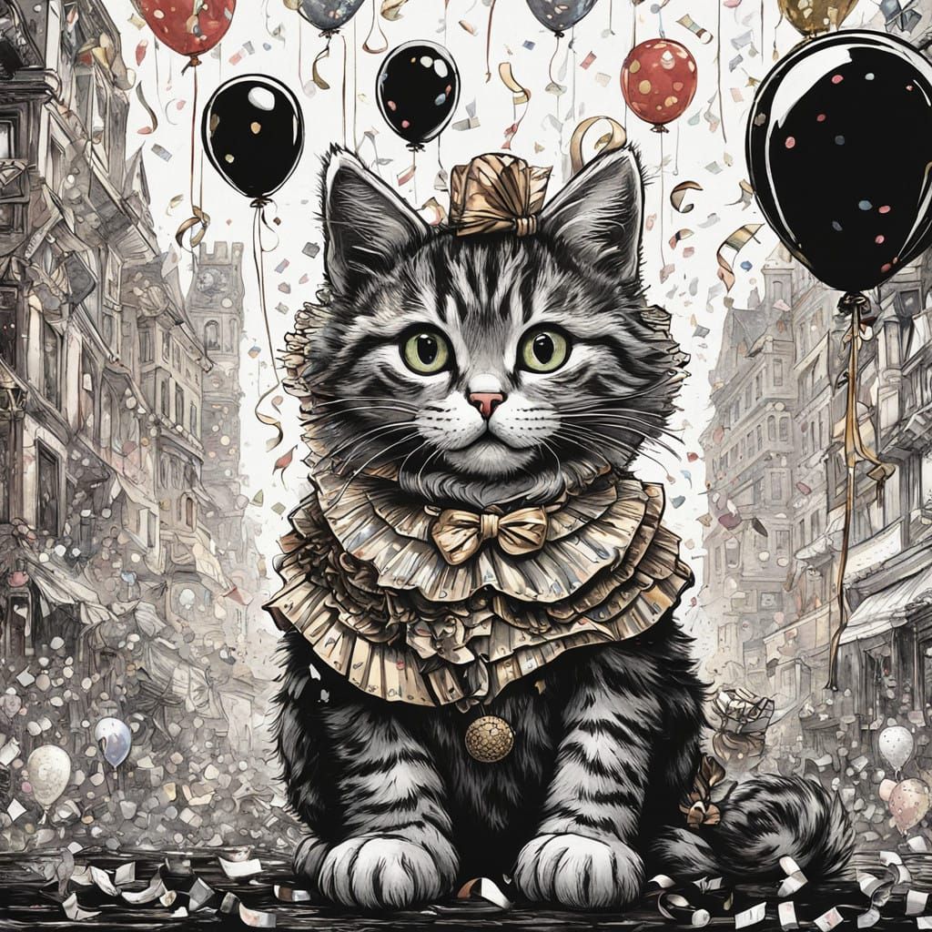 Whimsical Kitten Celebrates New Year in Elegant Black and Wh...