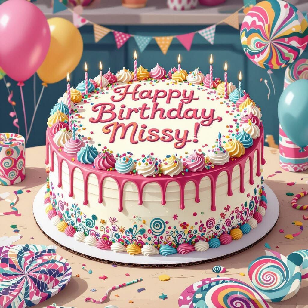 Vibrant Candyland Cake with "Happy Birthday, Missy!"