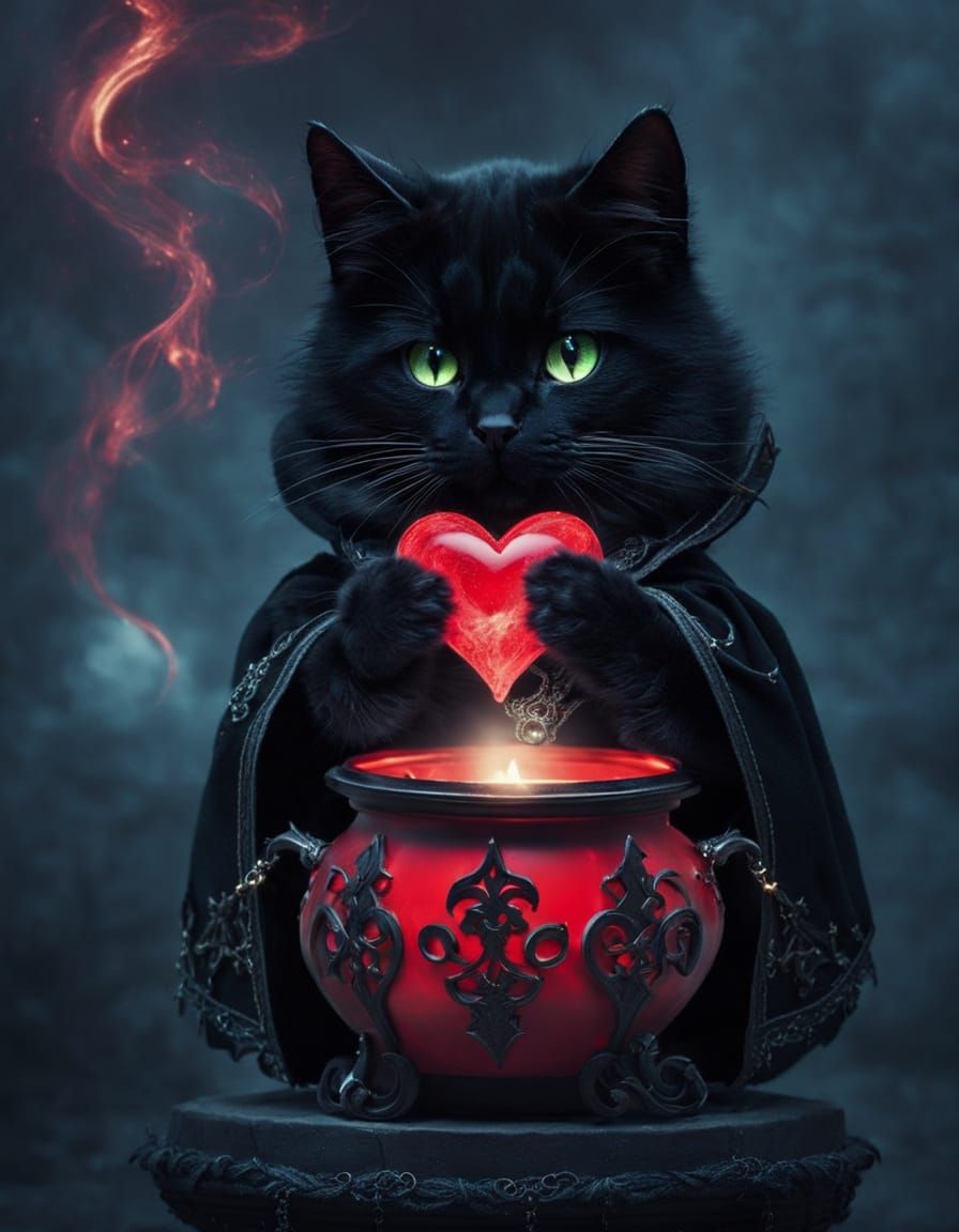 Sorceress Cat Weaves Dark Magic in a Haunting Gothic Chamber