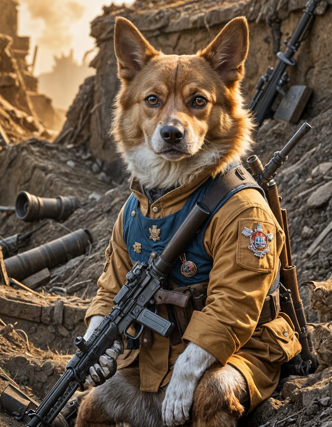 Dog Soldier in Trench with Cats Prohibited Symbol