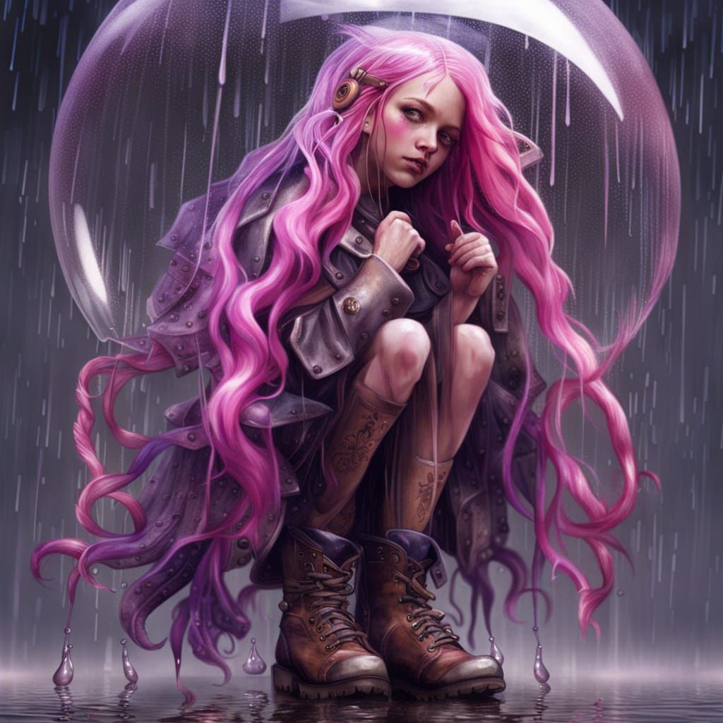 Hyperrealistic Sad Girl with Pink Hair and Bubbles
