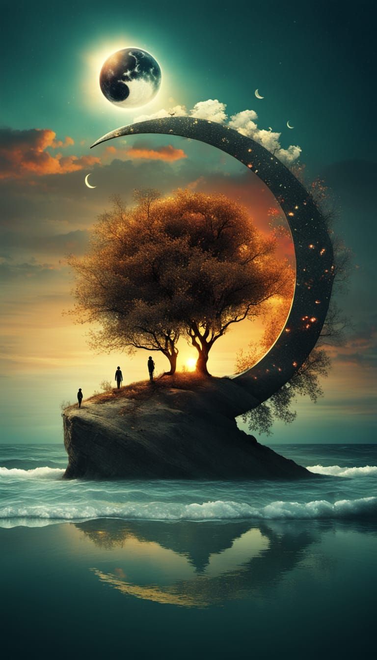 Surreal Yin Yang Sun and Moon Beach Sunset