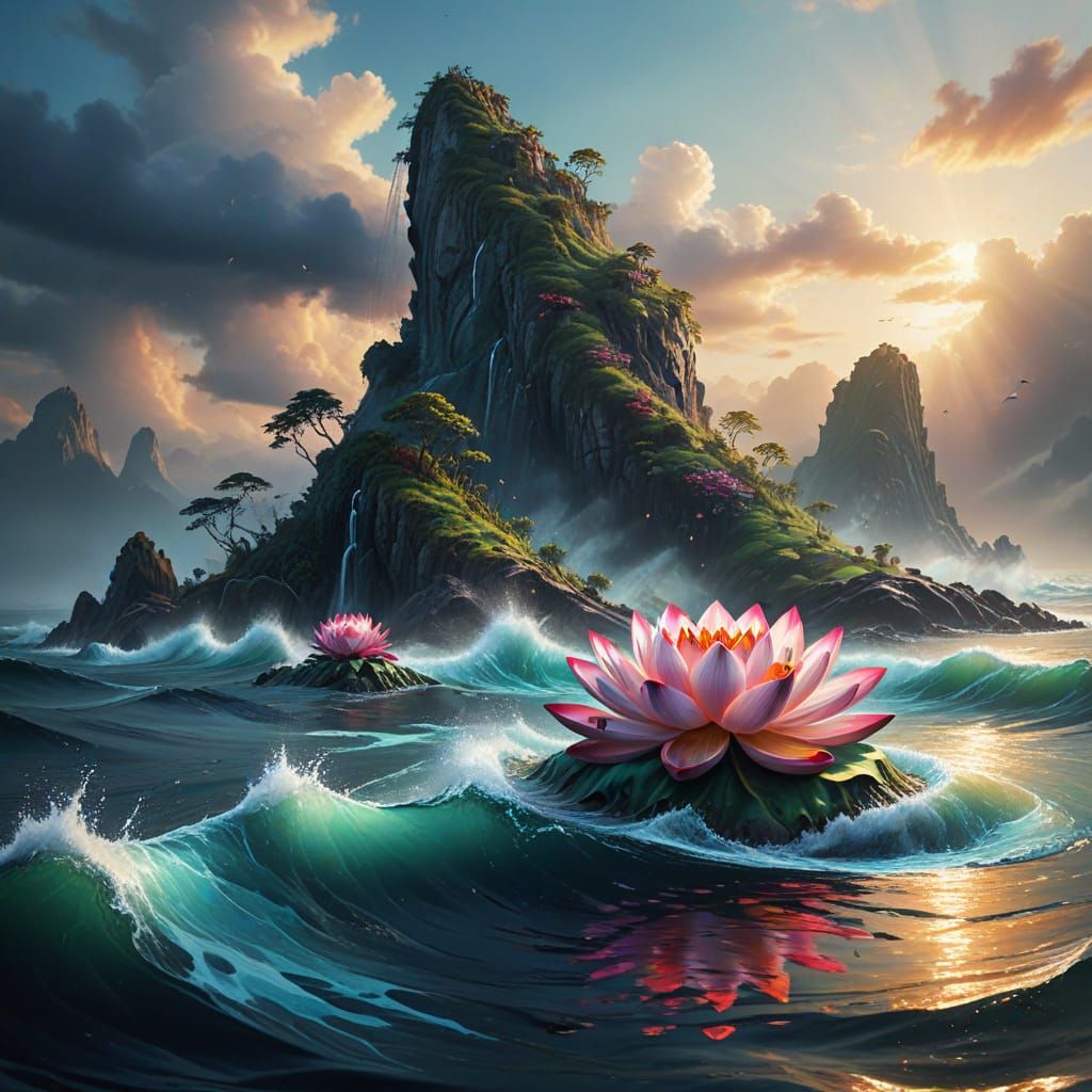 Surreal Lotus Island Rises from Vibrant Sea