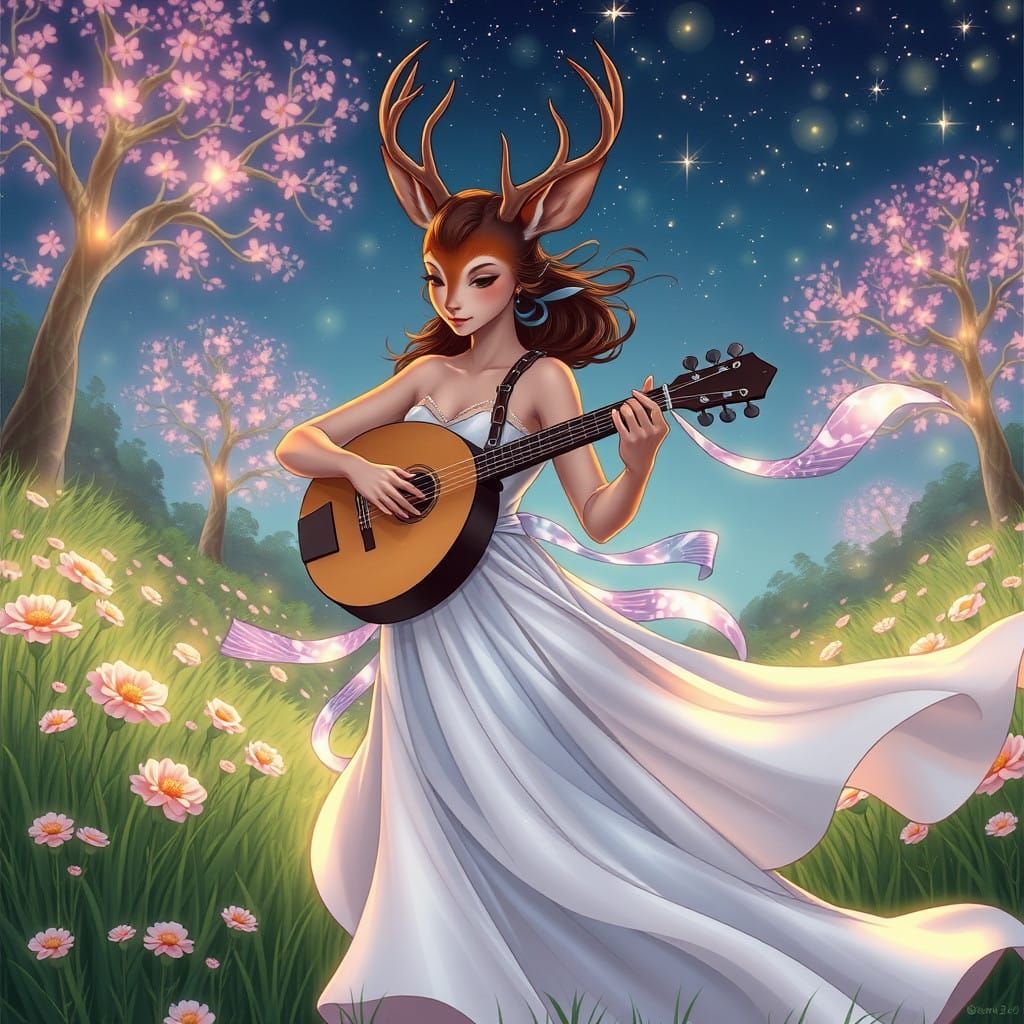 A graceful anthropomorphic fawn-woman with soft brown fur and antlers adorned with glowing ribbons. She dances on a gras...