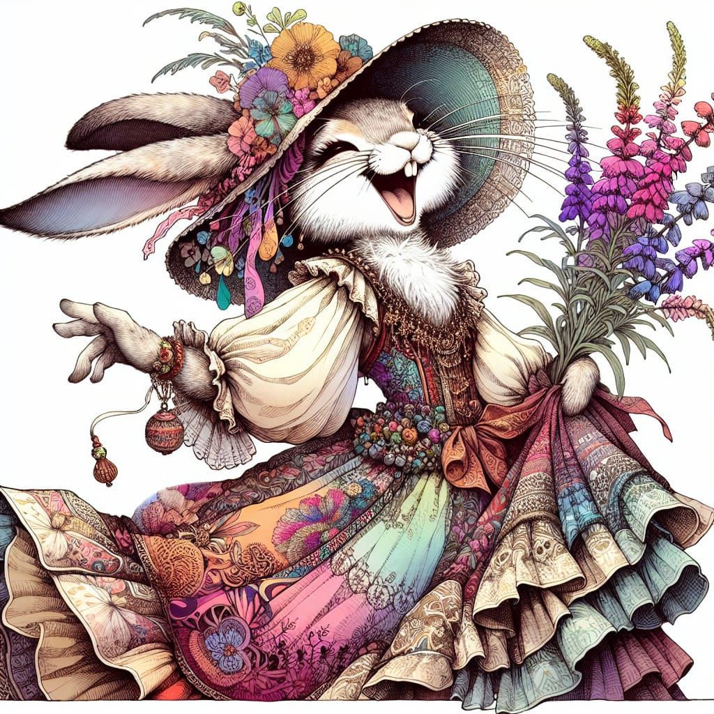 Bohemian Bunny with Wildflower in Watercolor Style
