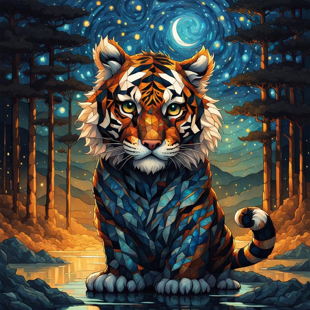 Macabre Chibi Tiger in Starry Stained Glass Style