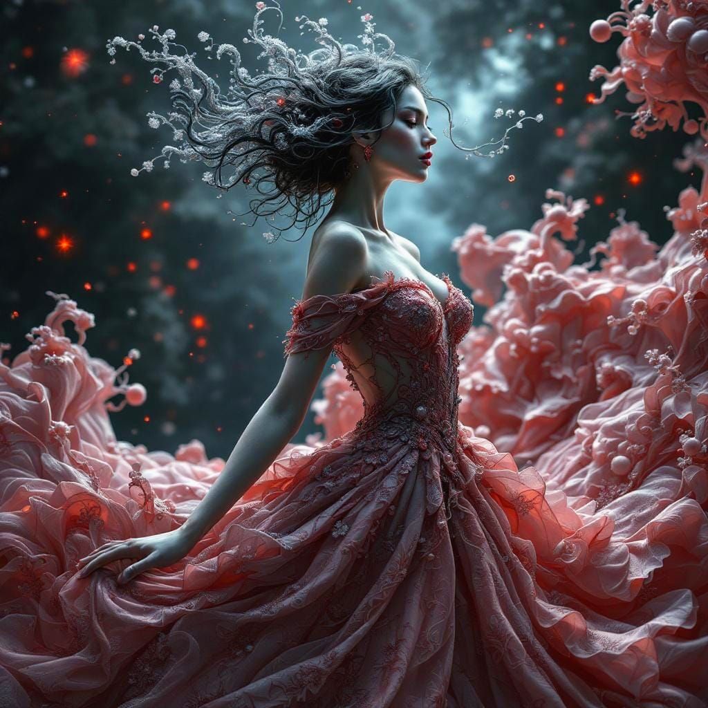 Model in Doppler Effect Dress with Fractal Rococo Patterns