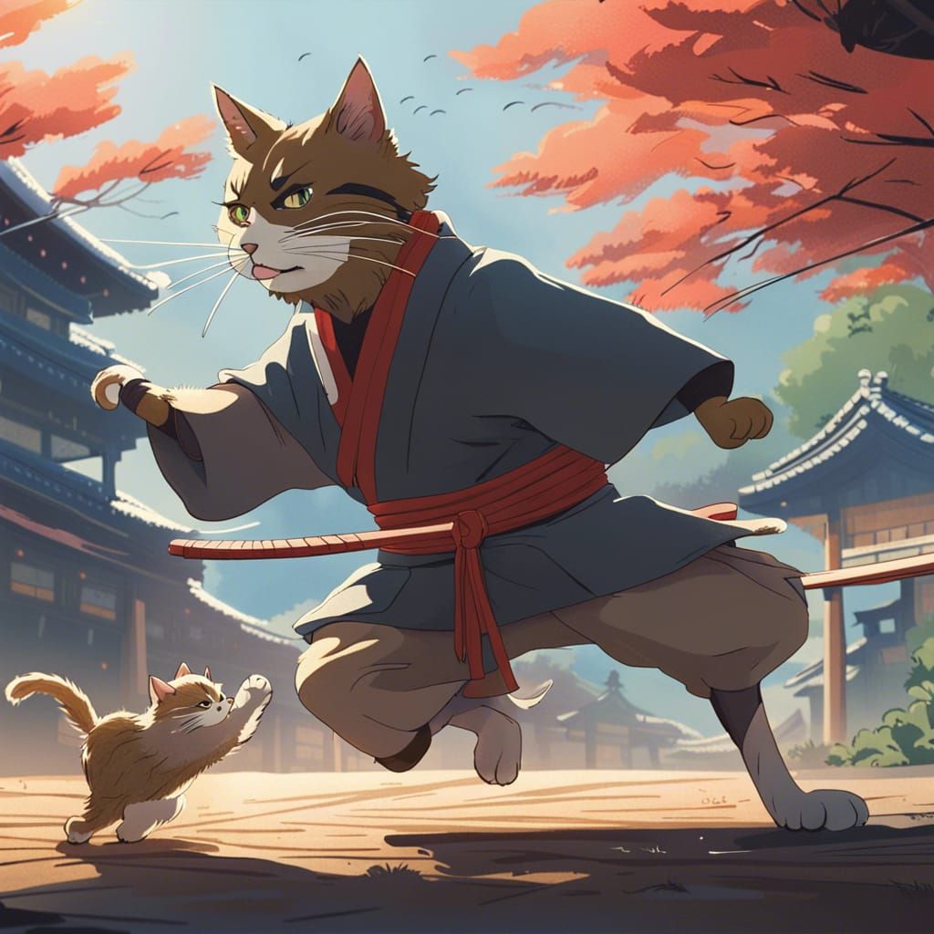 Ninja Cat vs Samurai Dog in Anime Style