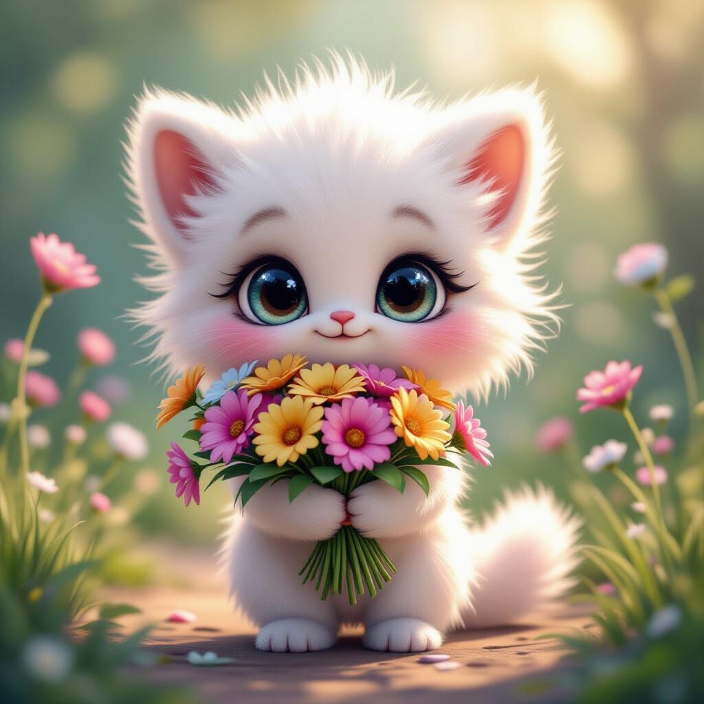 Cute Fluffy Alien Holds Vibrant Flower Bouquet