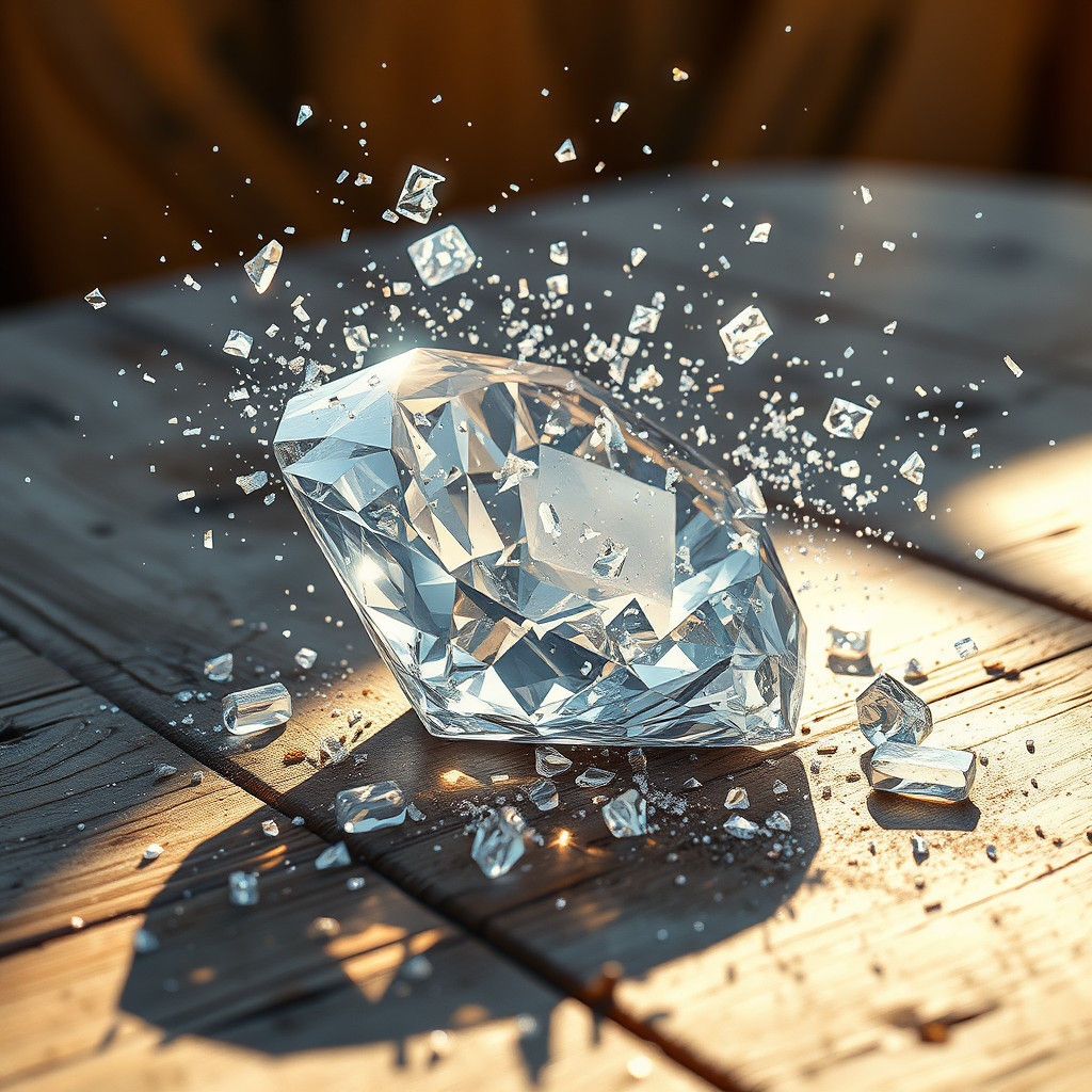 Shattered Diamond Bursts with Light on Wooden Table