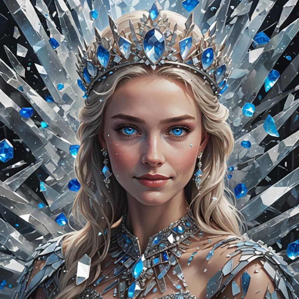 Blue-Eyed Queen Smiling Amidst Shattered Crystals