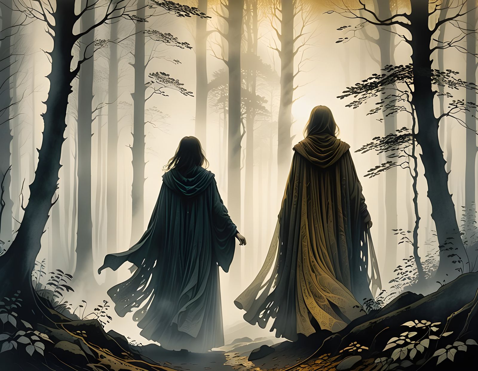 Mysterious Gothic Woman in a Misty Forest, in the Style of E...