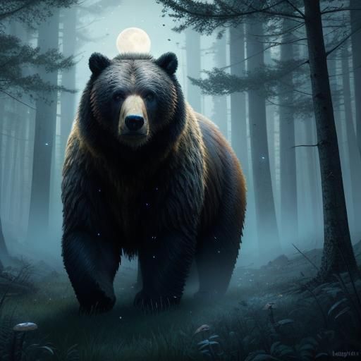 Mystical Nocturnal Bear in Fantasy Forest: Digital Painting
