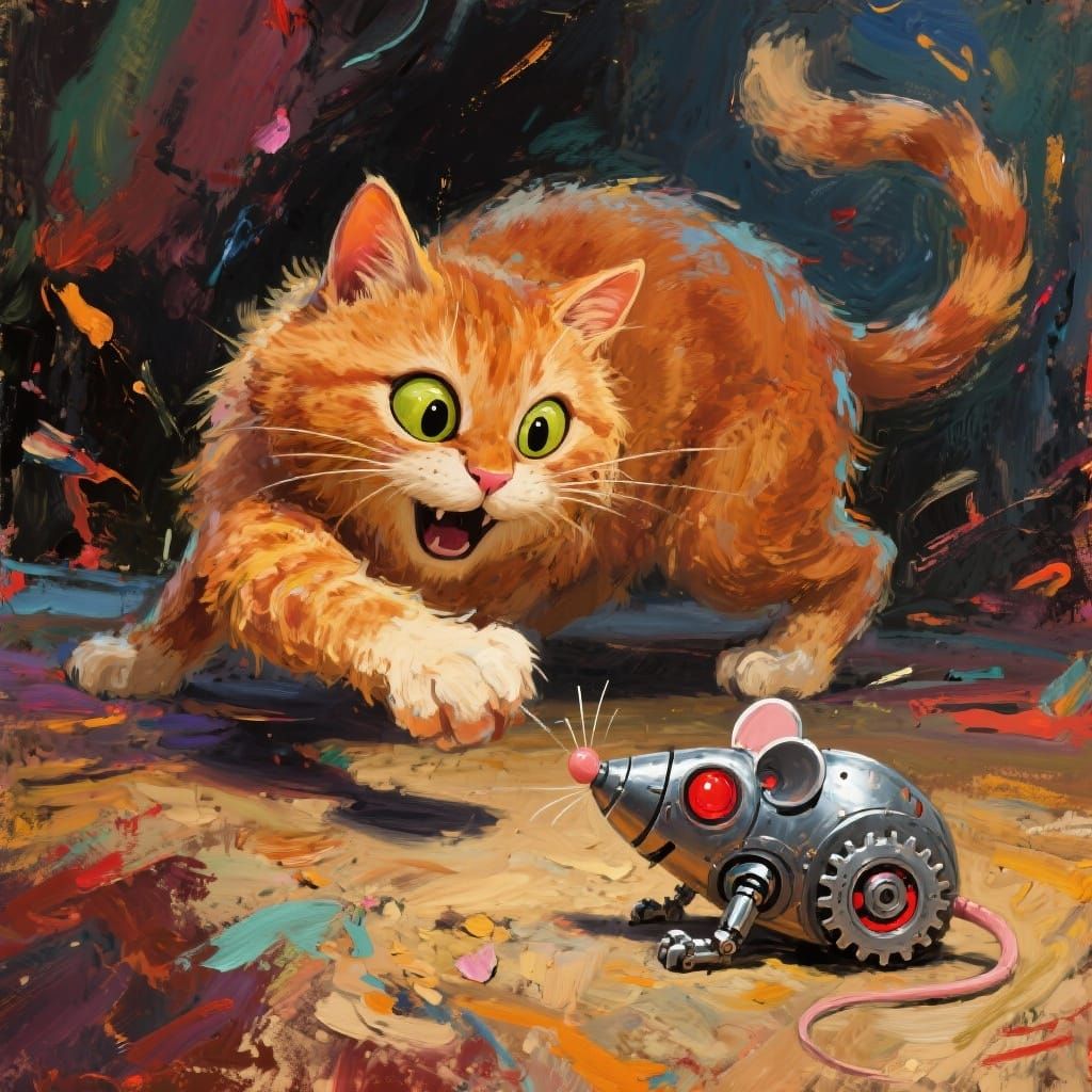 Fluffy Cat Chases Robot Mouse in Impasto Style