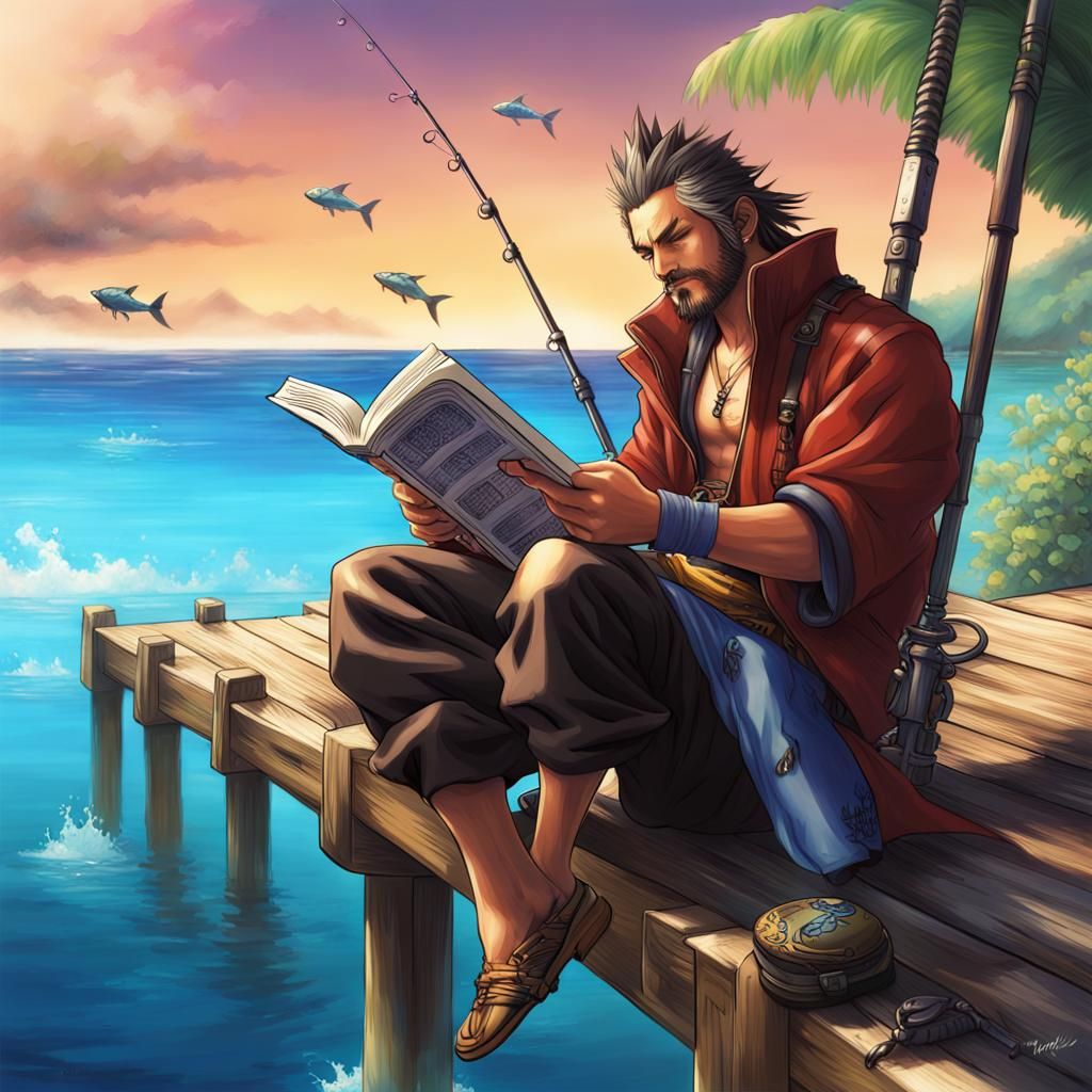 Auron Fishing on Vacation in Hyperrealistic Style