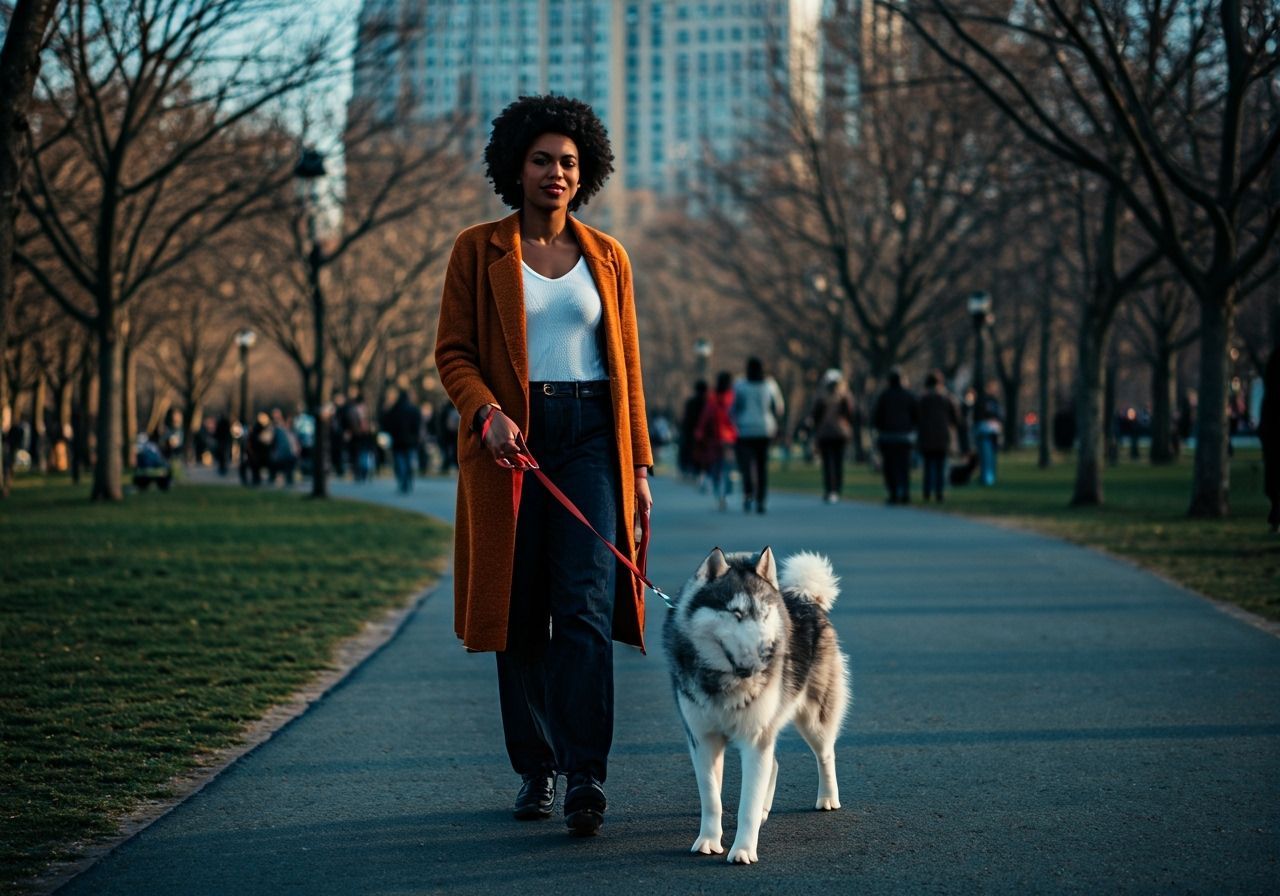 Stylish Woman Walking Husky Dog in City Park